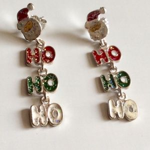 Santa Claus Ho Ho Ho Dangle Drop Post Earrings Christmas Holiday Silver Tone